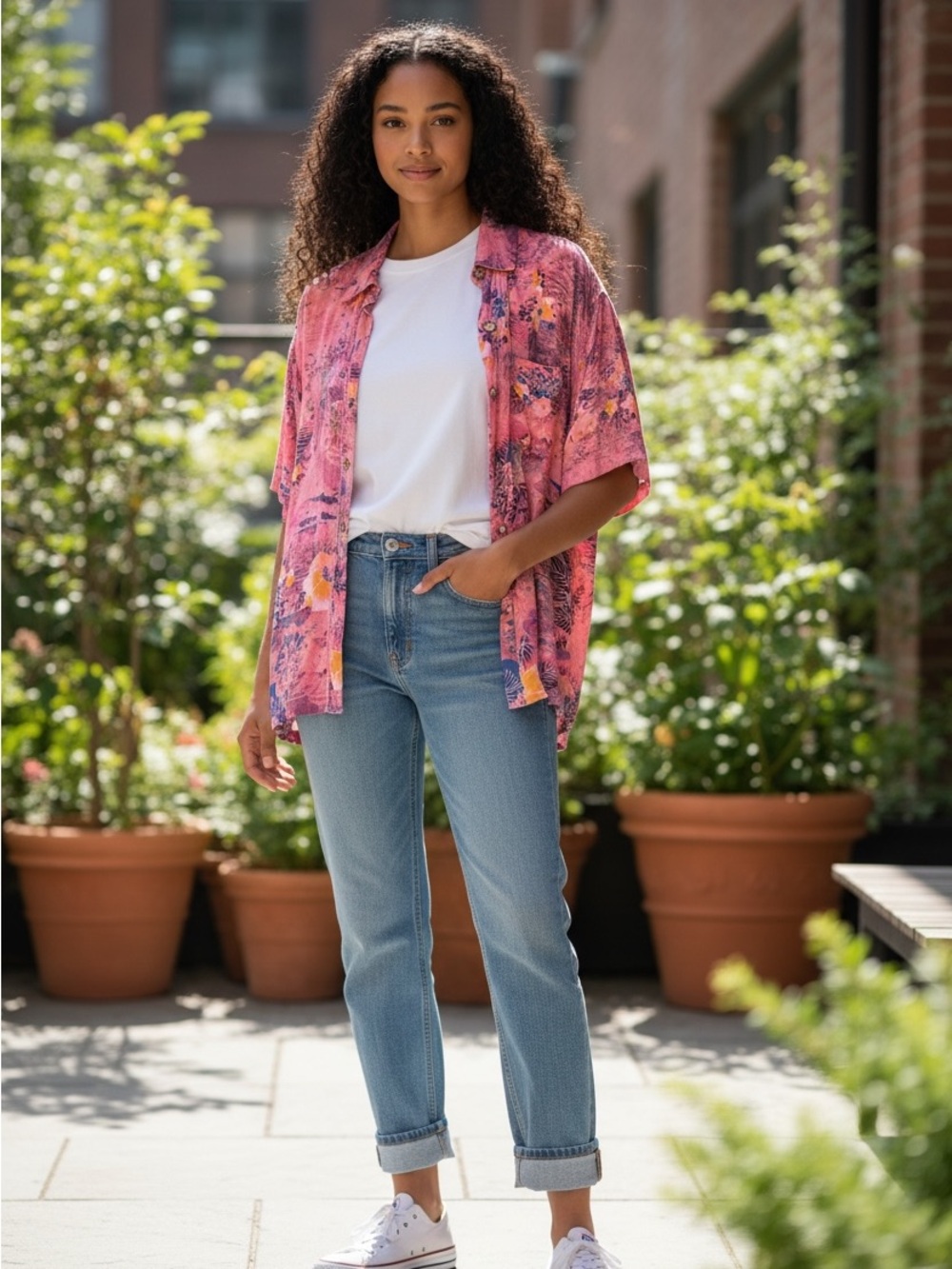 We The Free oversized Pink Floral Button-Down Shirt